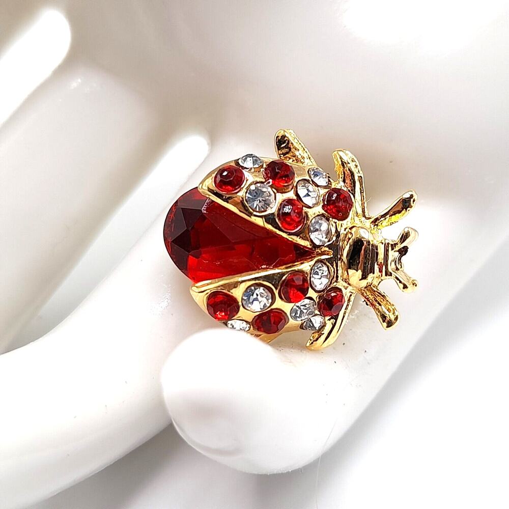 Vintage Lady Bug Brooch Pin Gold Tone Red Glass Cabochon Rhinestones
